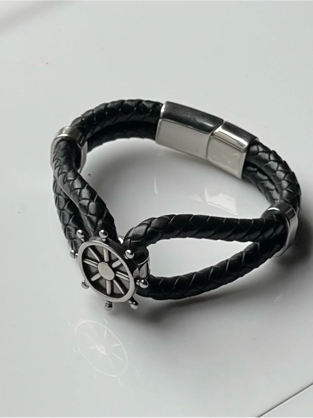 Men's Black Braided Leather Bracelet with Silver Ship Wheel Accent